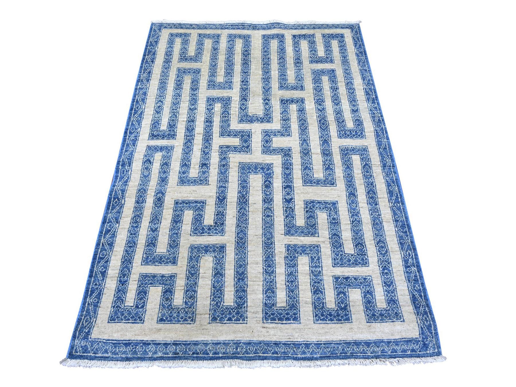 Blue 4'0" x 5'9" Oushak And Peshawar Hand knotted Wool Rug - Sku: O022846