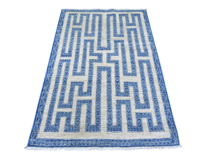 Blue 4'0" x 5'9" Oushak And Peshawar Hand knotted Wool Rug - Sku: O022846