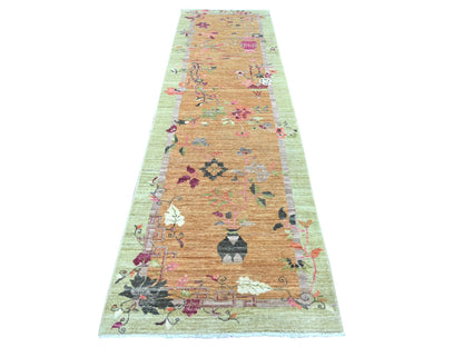 Brown 3'0" x 10'2" Oushak And Peshawar Hand knotted Wool Rug - Sku: O022851