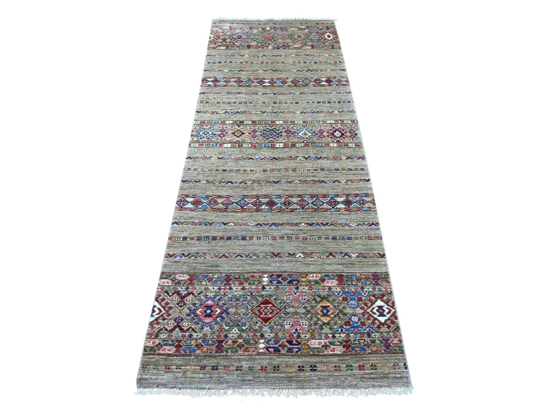 Grey 2'10" x 8'2" Tribal & Geometric Hand knotted Wool Rug - Sku: O022857