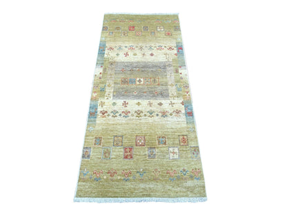Green 2'6" x 5'9" Tribal & Geometric Hand knotted Wool Rug - Sku: O022866
