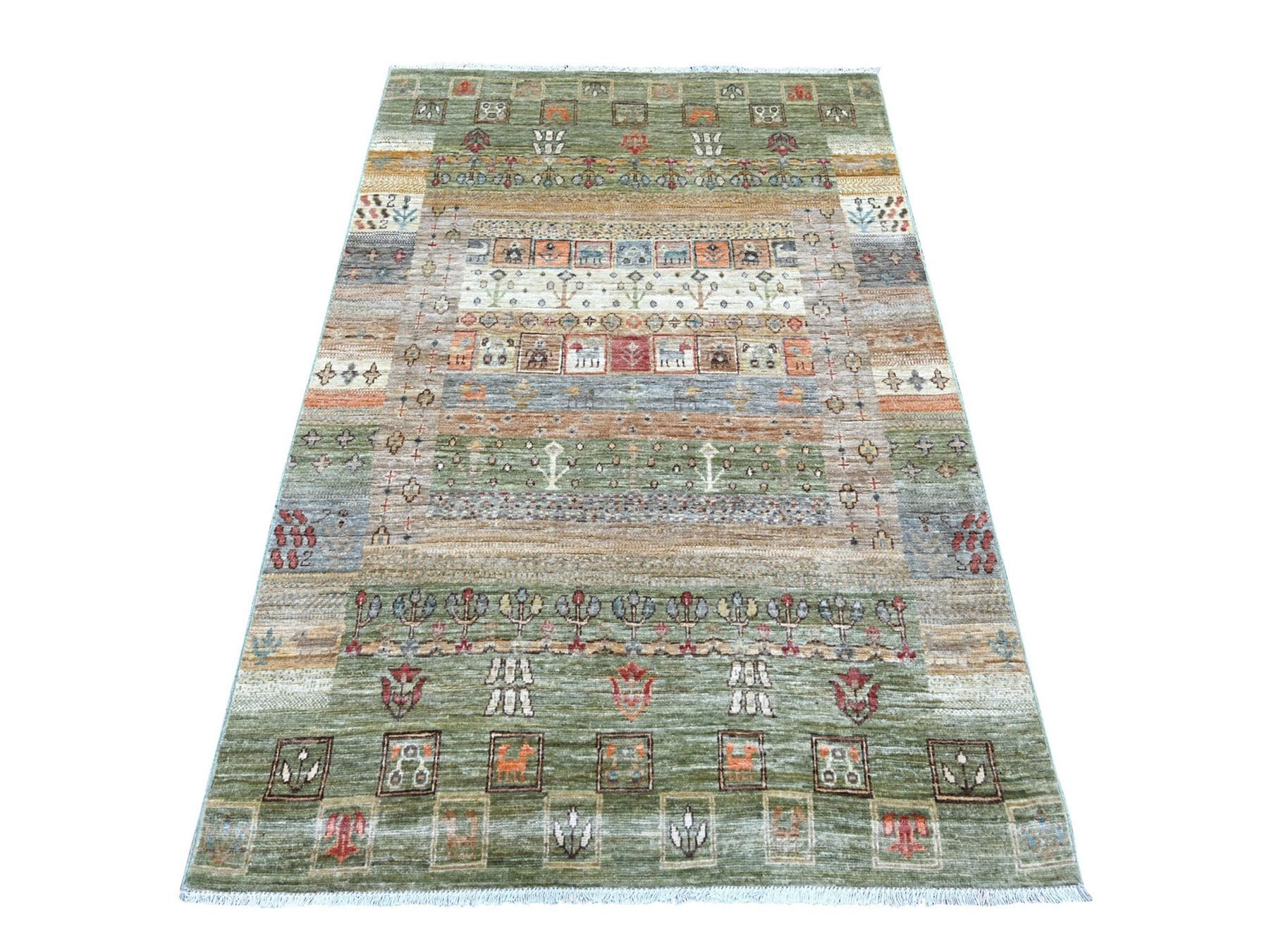 Green 3'11" x 5'10" Tribal & Geometric Hand knotted Wool Rug - Sku: O022868