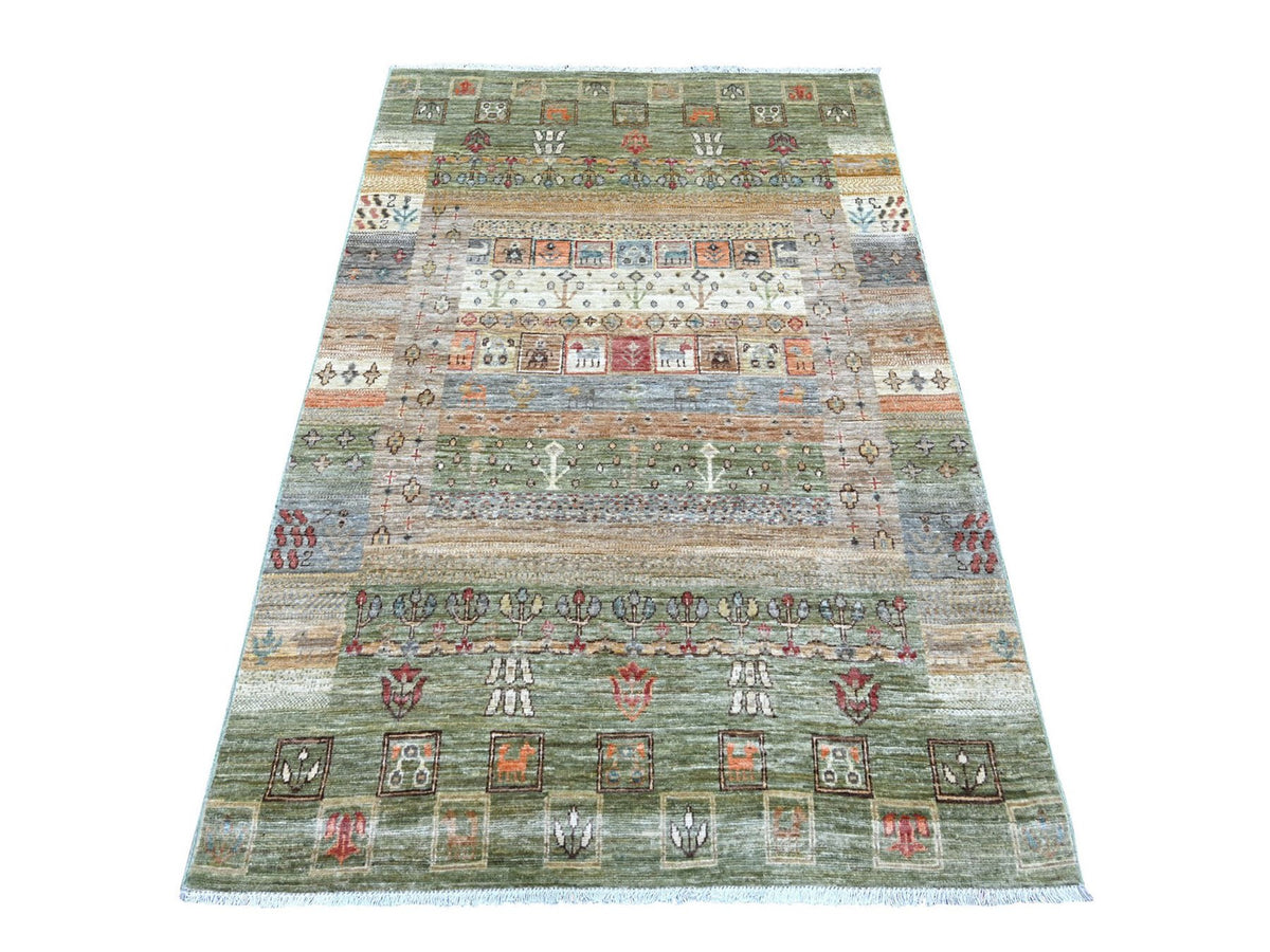 Gabbeh Tribal & Geometric hand-knotted wool rug in Green, 3'11" x 5'10" — SKU O022868
