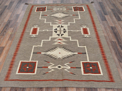 Flat-Weave hand-knotted wool rug in Brown, 5'1" x 6'11" — SKU O02289 (view 2)