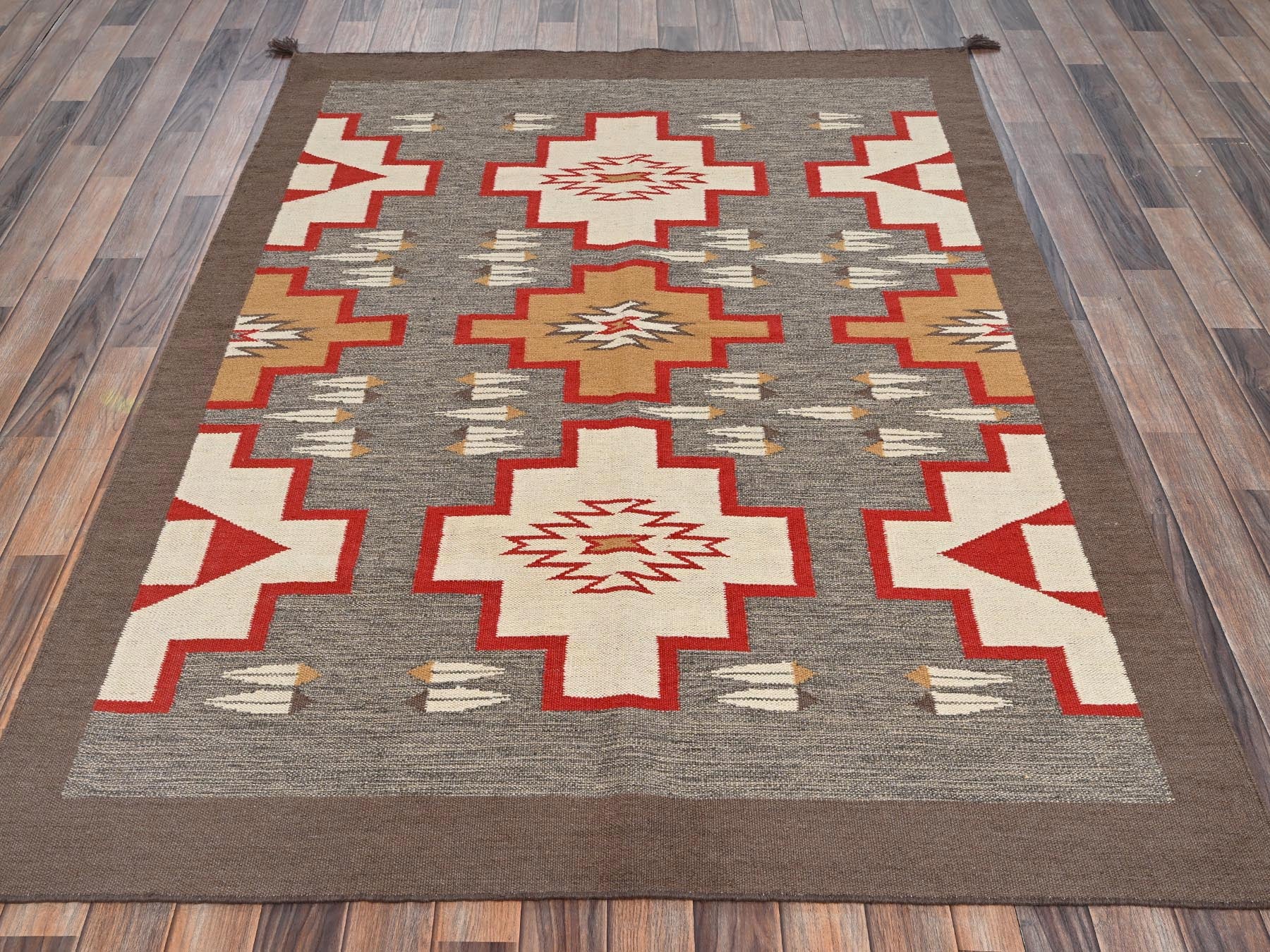 Flat-Weave hand-knotted wool rug in Gray & Brown, 5'1" x 6'11" — SKU O02292 (view 2)