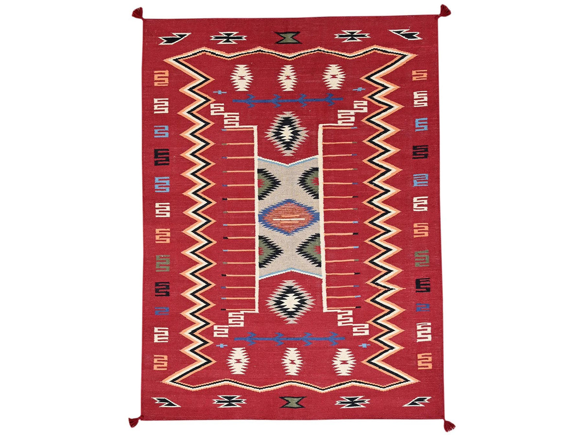 Flat-Weave hand-knotted wool rug in Red, 5'2" x 7' — SKU O02293