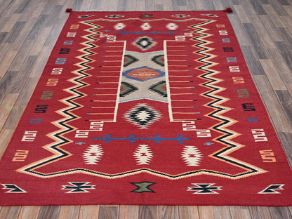 Red 5'2" x 7'0" Flat Weave Hand woven Wool Rug - Sku: O02293