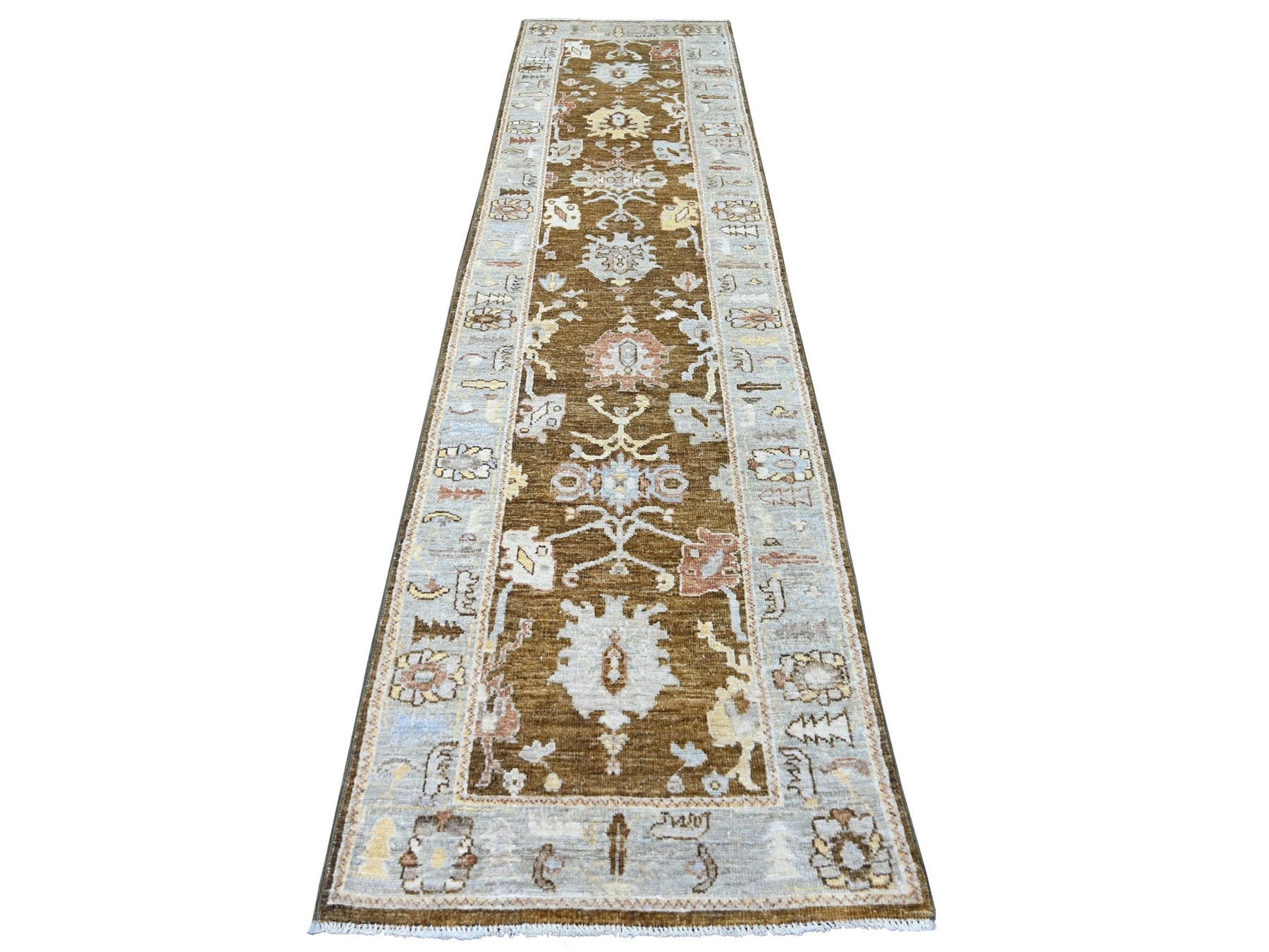 Brown 2'11" x 12'0" Oushak And Peshawar Hand knotted Wool Rug - Sku: O022942