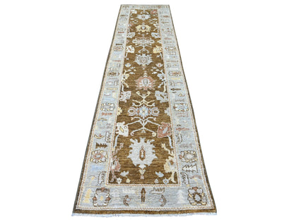 Brown 2'11" x 12'0" Oushak And Peshawar Hand knotted Wool Rug - Sku: O022942