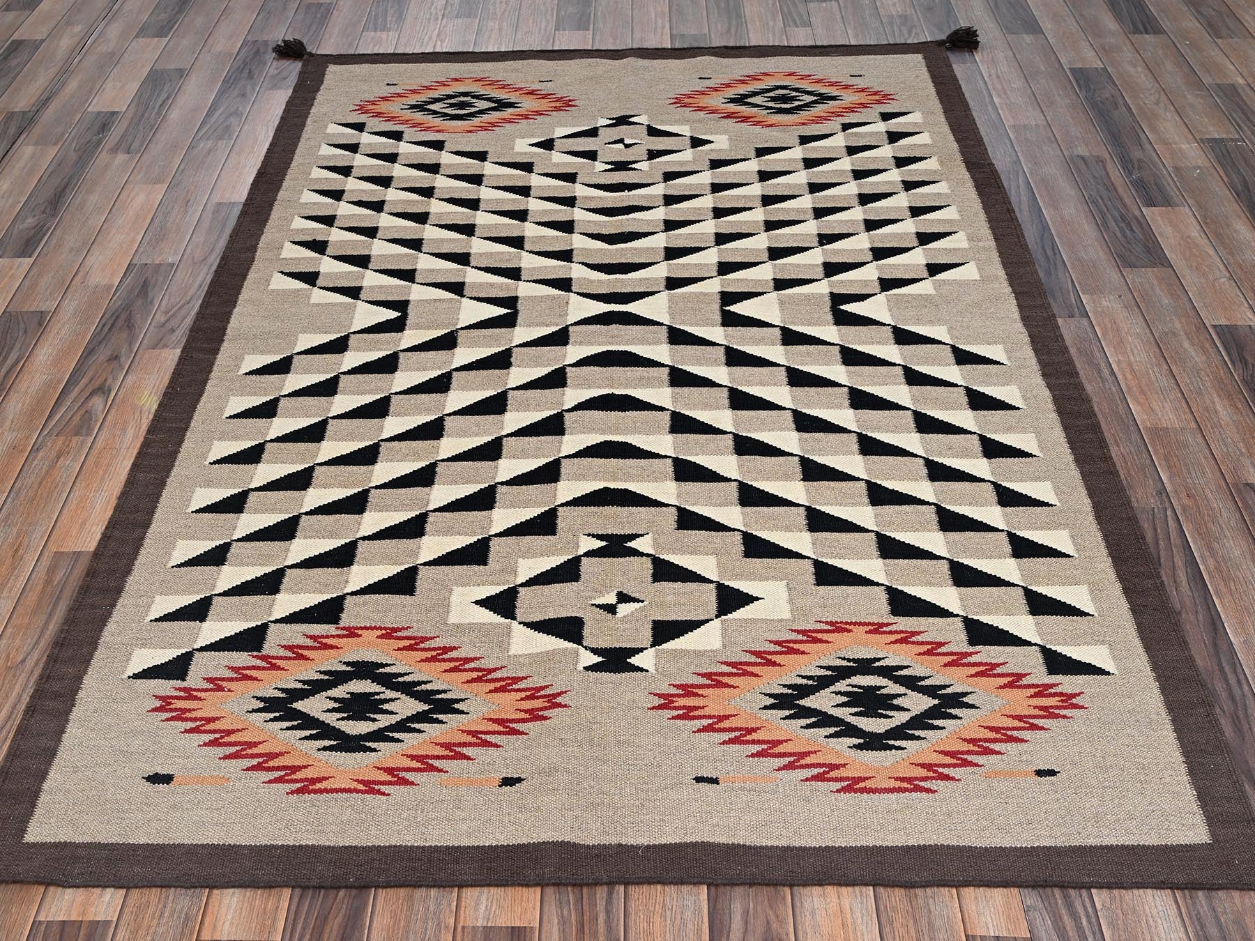 Brown 5'1" x 7'2" Flat Weave Hand woven Wool Rug - Sku: O02294