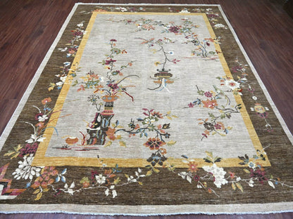 Grey 8'1" x 9'11" Oushak And Peshawar Hand knotted Wool Rug - Sku: O022961