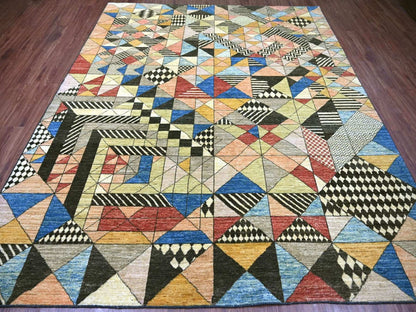 Black 8'1" x 9'8" Tribal & Geometric Hand knotted Wool Rug - Sku: O022963