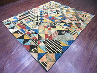 Black 8'1" x 9'8" Tribal & Geometric Hand knotted Wool Rug - Sku: O022963