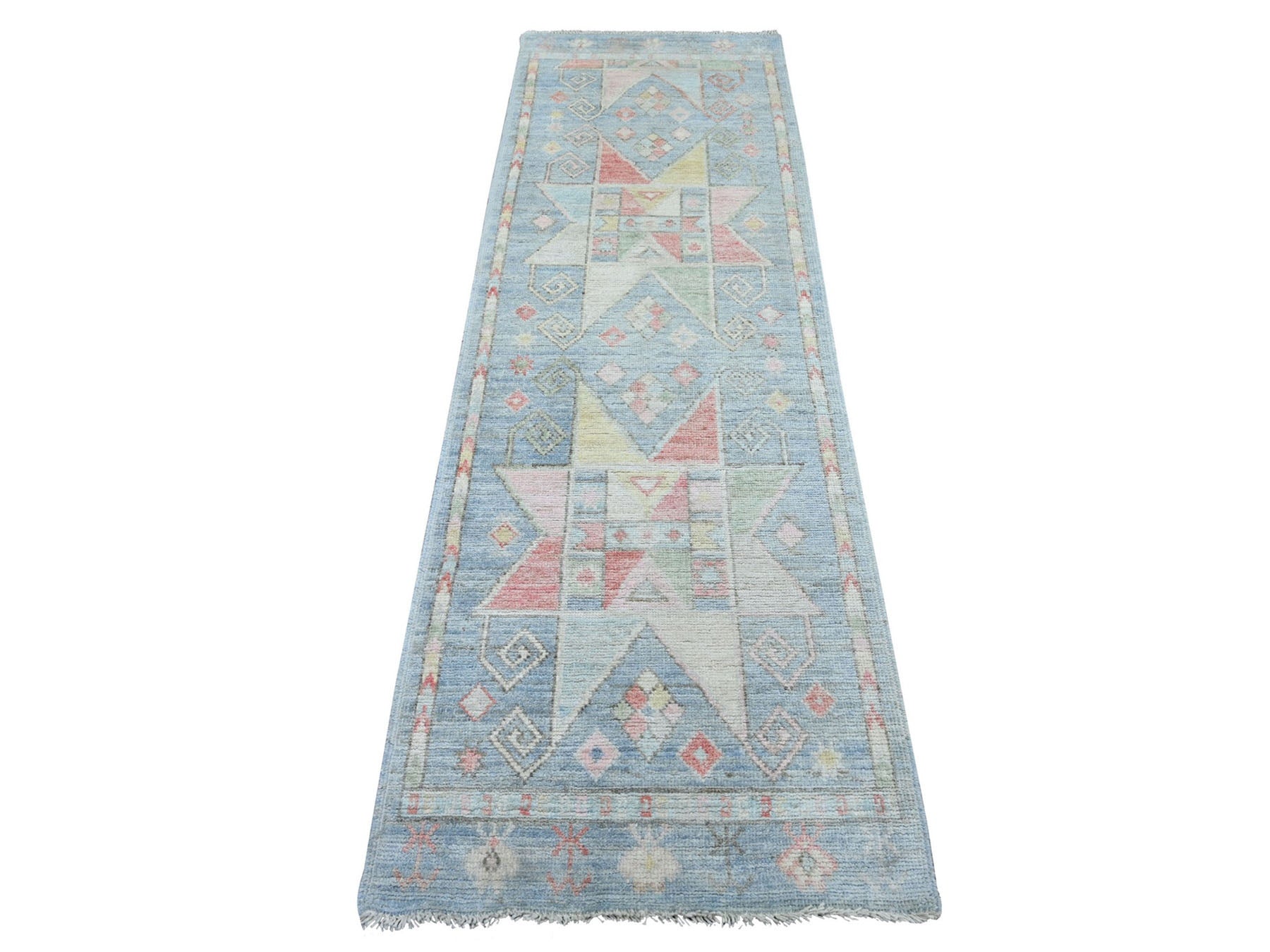 Blue 2'6" x 8'2" Tribal & Geometric Hand knotted Wool Rug - Sku: O022967