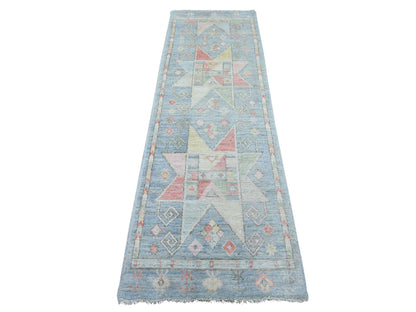 Blue 2'6" x 8'2" Tribal & Geometric Hand knotted Wool Rug - Sku: O022967