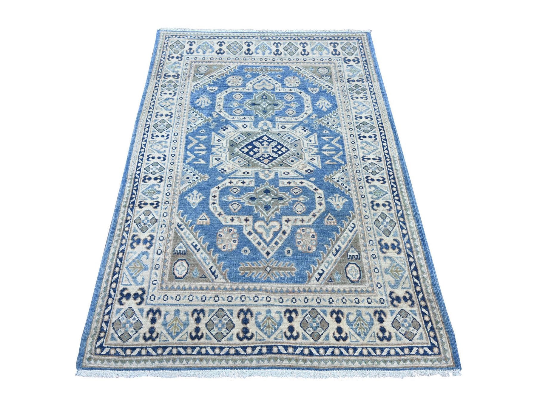 Blue 3'11" x 5'9" Kazak Hand knotted Wool Rug - Sku: O022969