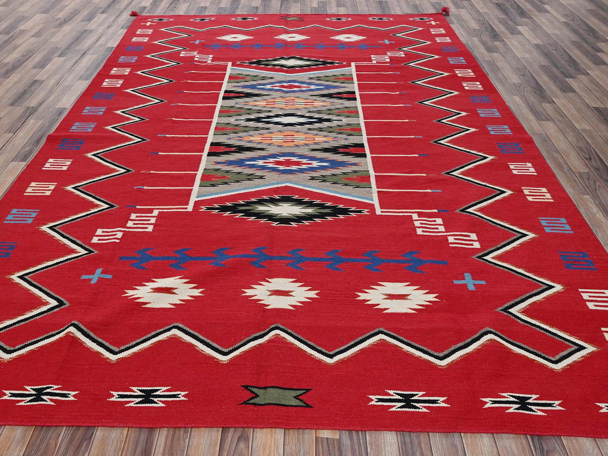 Flat-Weave hand-knotted wool rug in Red, 9' x 12'1" — SKU O02301 (view 2)