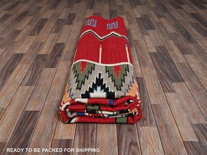 Flat-Weave hand-knotted wool rug in Red, 9' x 12'1" — SKU O02301 (view 6)