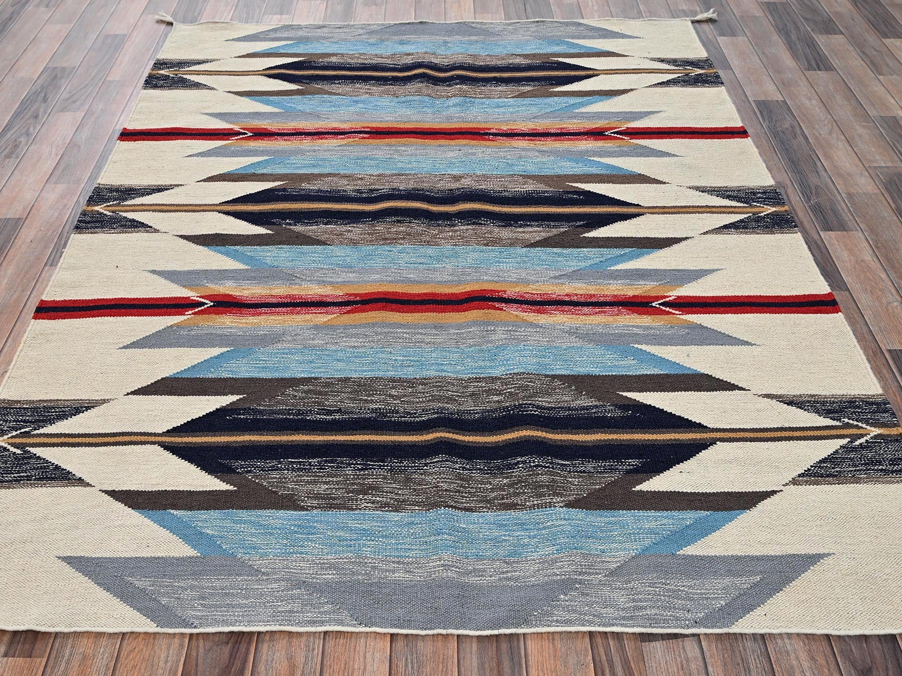 Blue 5'4" x 6'10" Flat Weave Hand woven Wool Rug - Sku: O02320