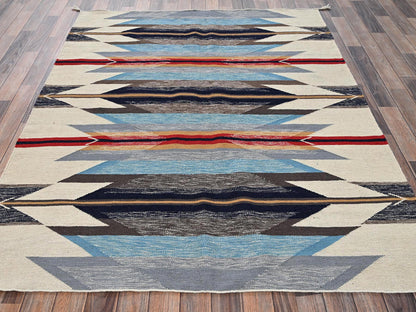 Blue 5'4" x 6'10" Flat Weave Hand woven Wool Rug - Sku: O02320