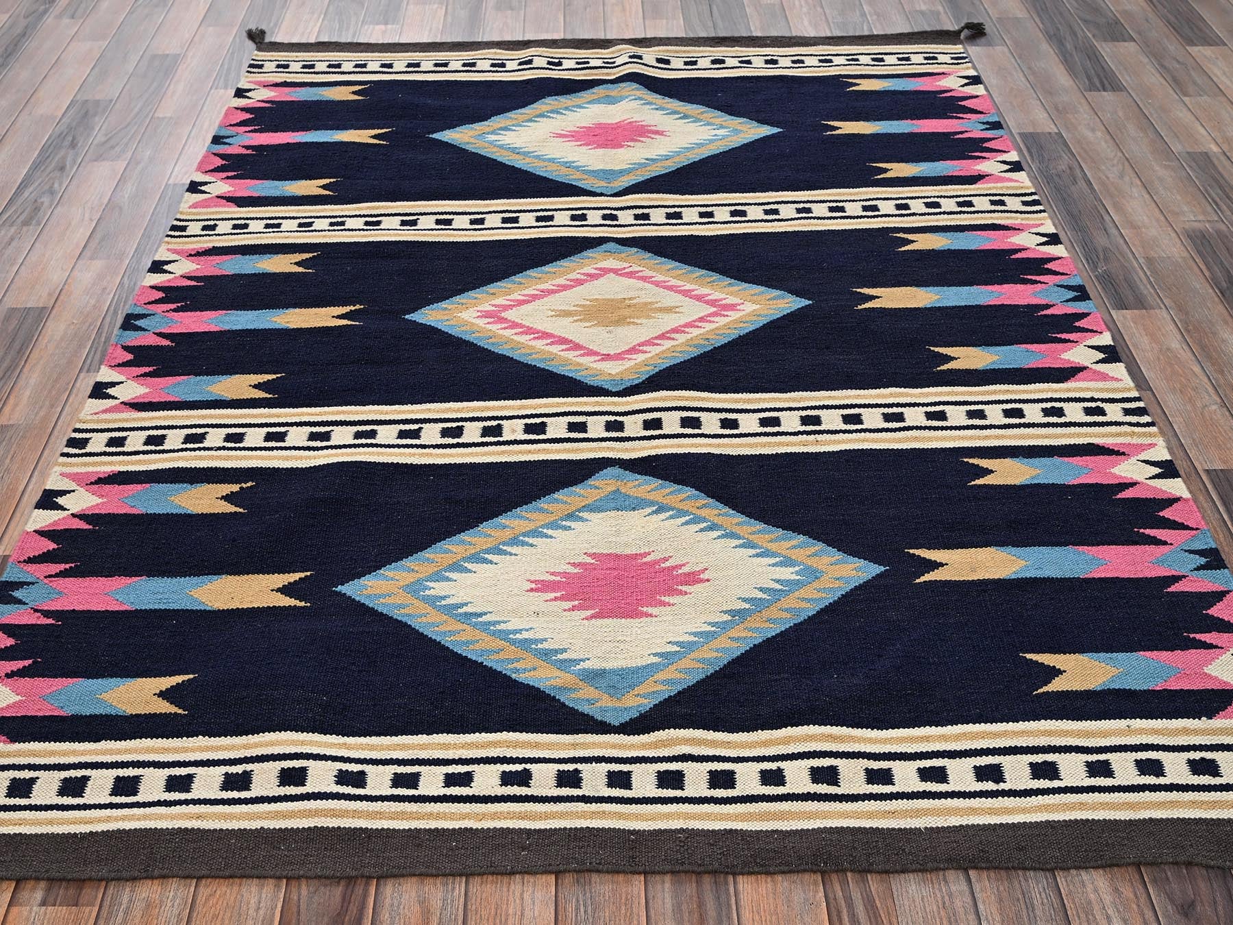 Blue 5'4" x 6'9" Flat Weave Hand woven Wool Rug - Sku: O02322