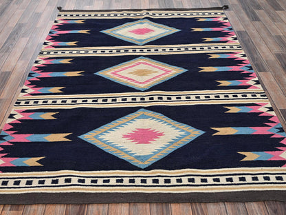 Blue 5'4" x 6'9" Flat Weave Hand woven Wool Rug - Sku: O02322