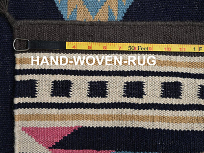 Blue 5'4" x 6'9" Flat Weave Hand woven Wool Rug - Sku: O02322