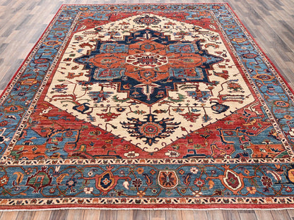 Ivory 9'0" x 11'11" Heriz Hand knotted Wool Rug - Sku: O02350