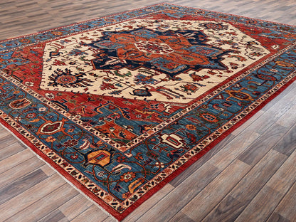 Ivory 9'0" x 11'11" Heriz Hand knotted Wool Rug - Sku: O02350