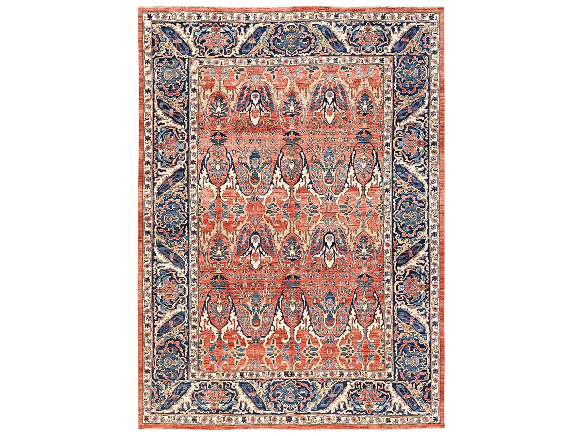 Tribal & Geometric hand-knotted wool rug in Orange & Yale Blue, 9'11" x 13'11" — SKU O02358