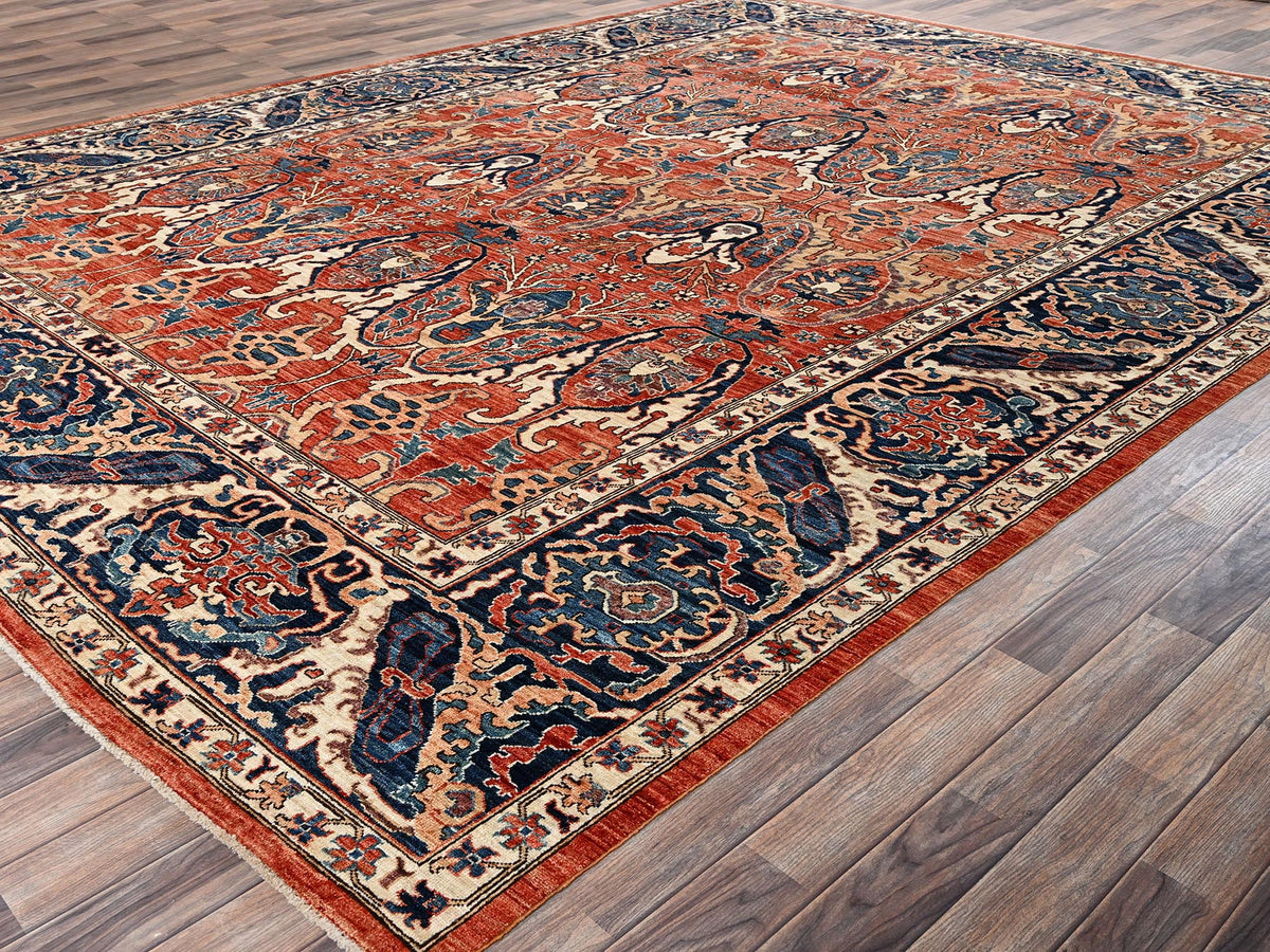 Tribal & Geometric hand-knotted wool rug in Orange & Yale Blue, 9'11" x 13'11" — SKU O02358 (view 3)