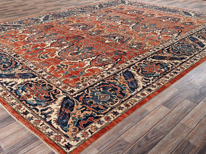 Tribal & Geometric hand-knotted wool rug in Orange & Yale Blue, 9'11" x 13'11" — SKU O02358 (view 3)