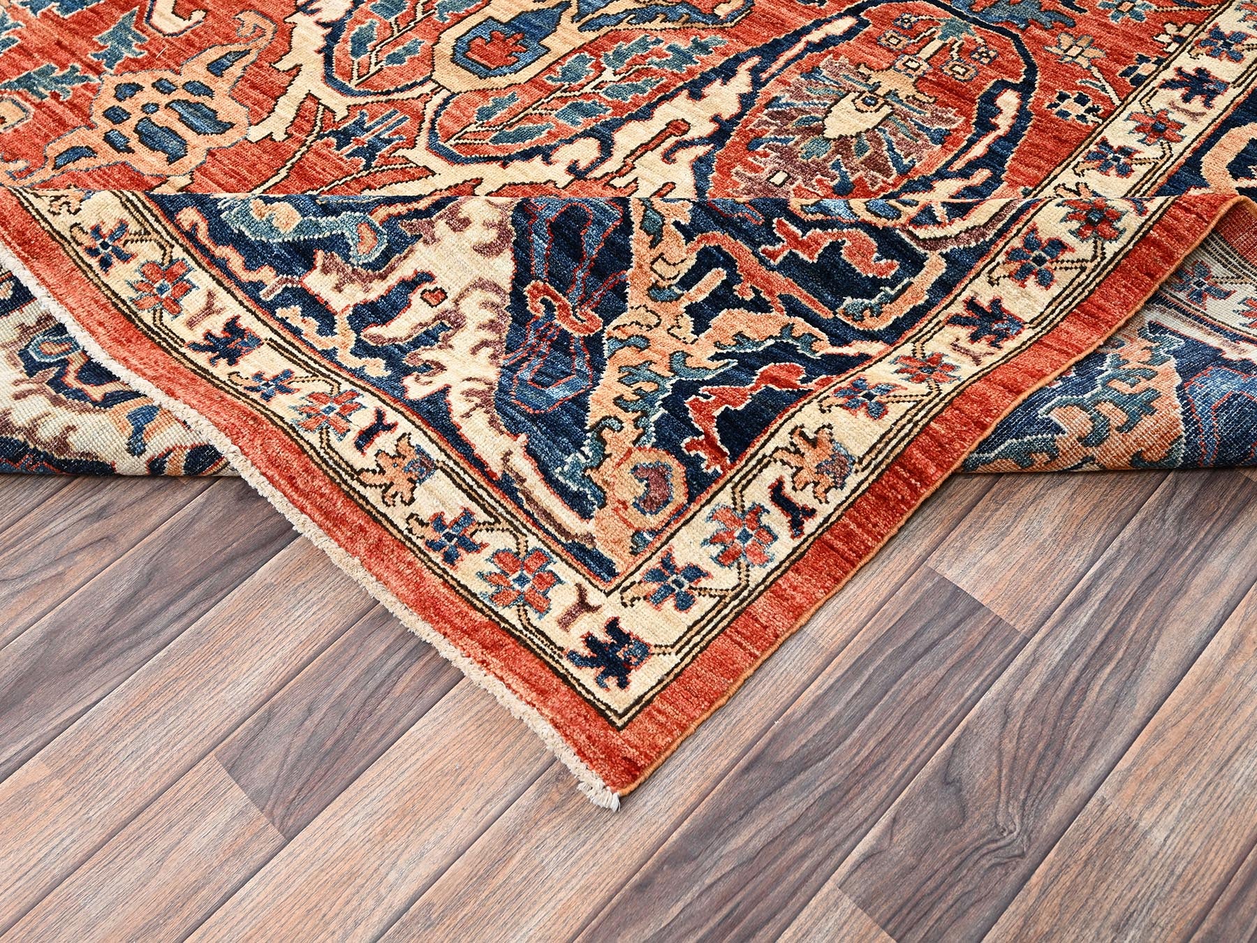 Tribal & Geometric hand-knotted wool rug in Orange & Yale Blue, 9'11" x 13'11" — SKU O02358 (view 7)