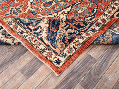 Tribal & Geometric hand-knotted wool rug in Orange & Yale Blue, 9'11" x 13'11" — SKU O02358 (view 7)