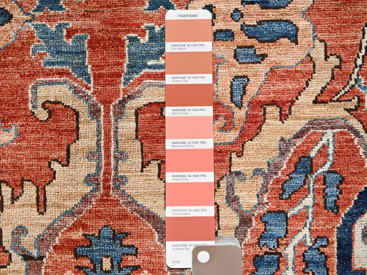 Tribal & Geometric hand-knotted wool rug in Orange & Yale Blue, 9'11" x 13'11" — SKU O02358 (view 8)