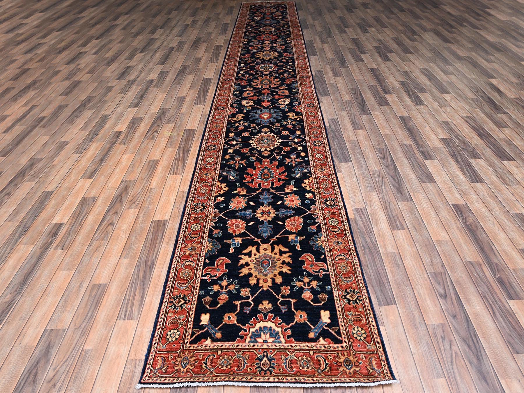 Blue 3'1" x 19'5" Tribal & Geometric Hand knotted Wool Rug - Sku: O02361