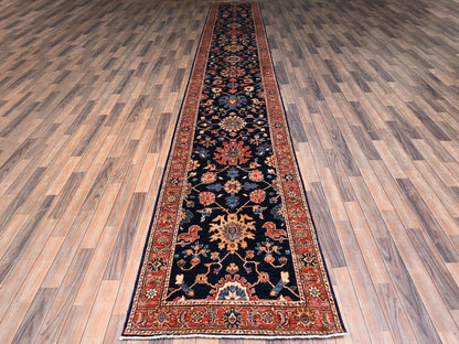 Blue 3'1" x 19'5" Tribal & Geometric Hand knotted Wool Rug - Sku: O02361