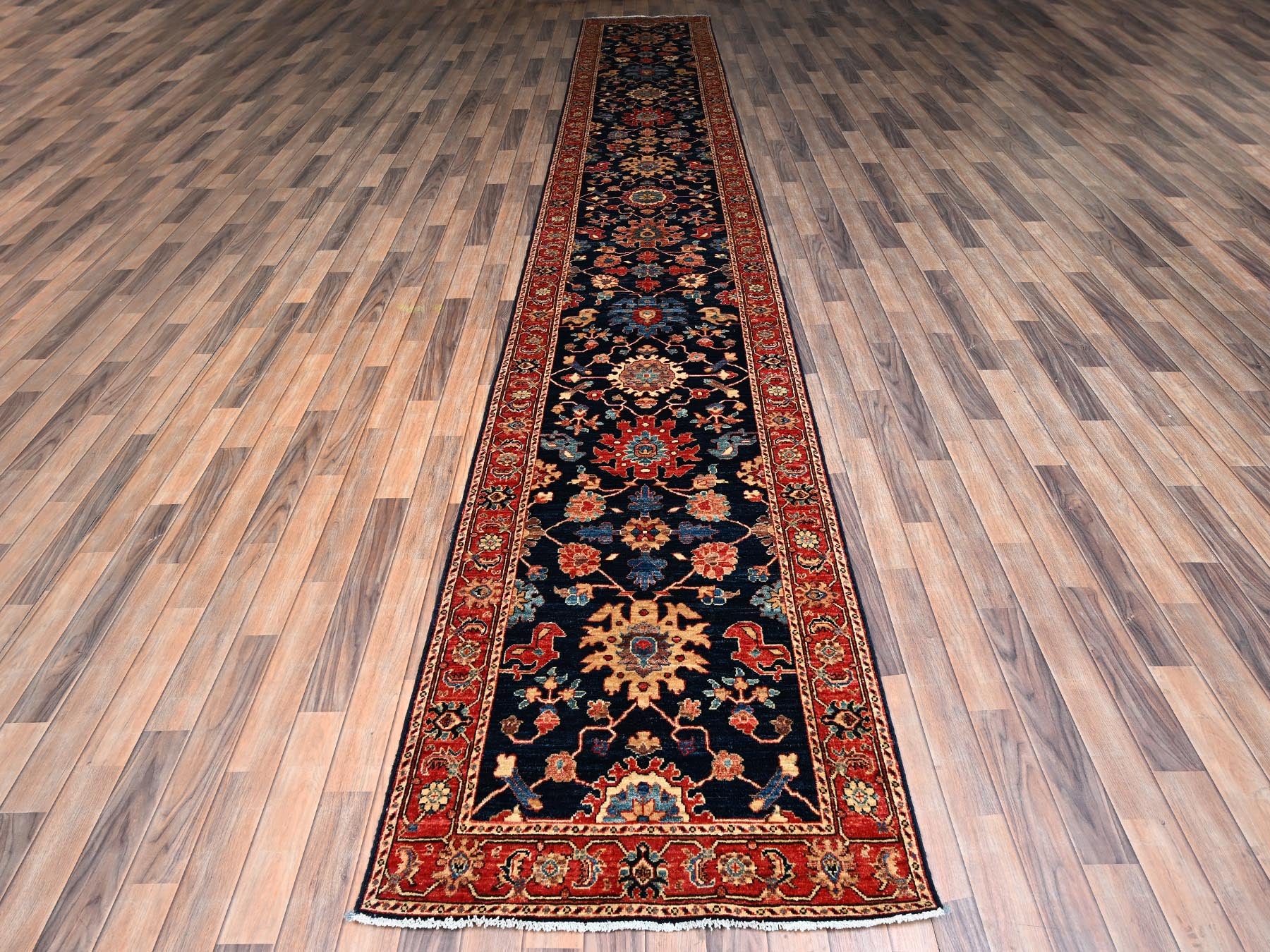 Blue 3'1" x 19'1" Tribal & Geometric Hand knotted Wool Rug - Sku: O02362
