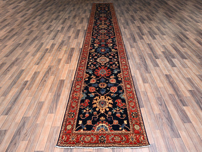 Blue 3'1" x 19'1" Tribal & Geometric Hand knotted Wool Rug - Sku: O02362