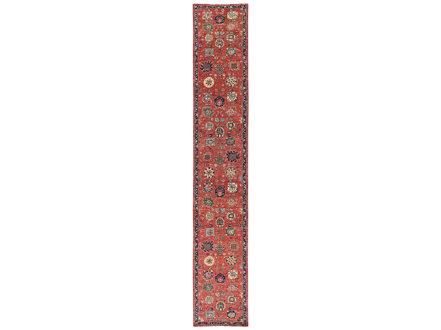 Tribal & Geometric hand-knotted wool runner in Red & Midnight Blue, 2'10" x 17'7" — SKU O02363