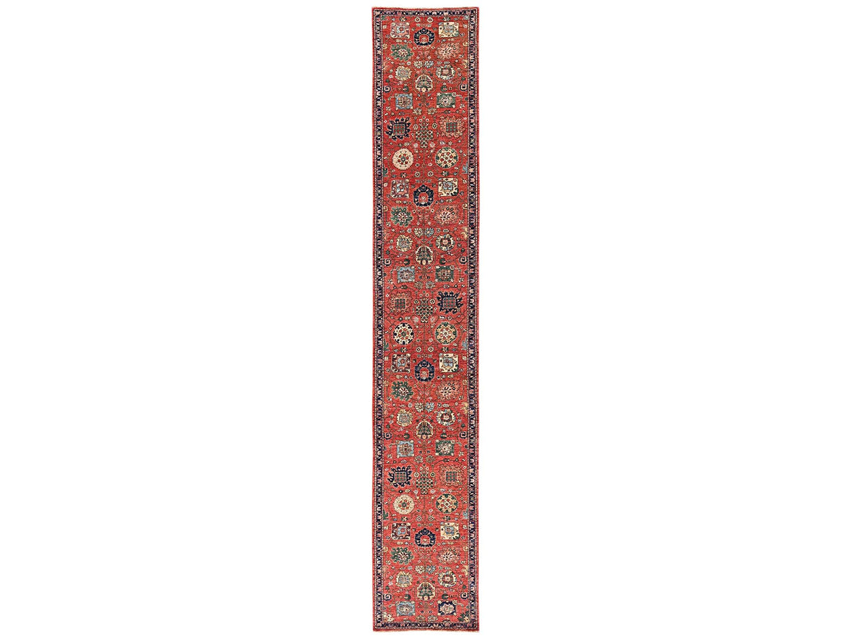 Tribal & Geometric hand-knotted wool runner in Red & Midnight Blue, 2'10" x 17'7" — SKU O02363
