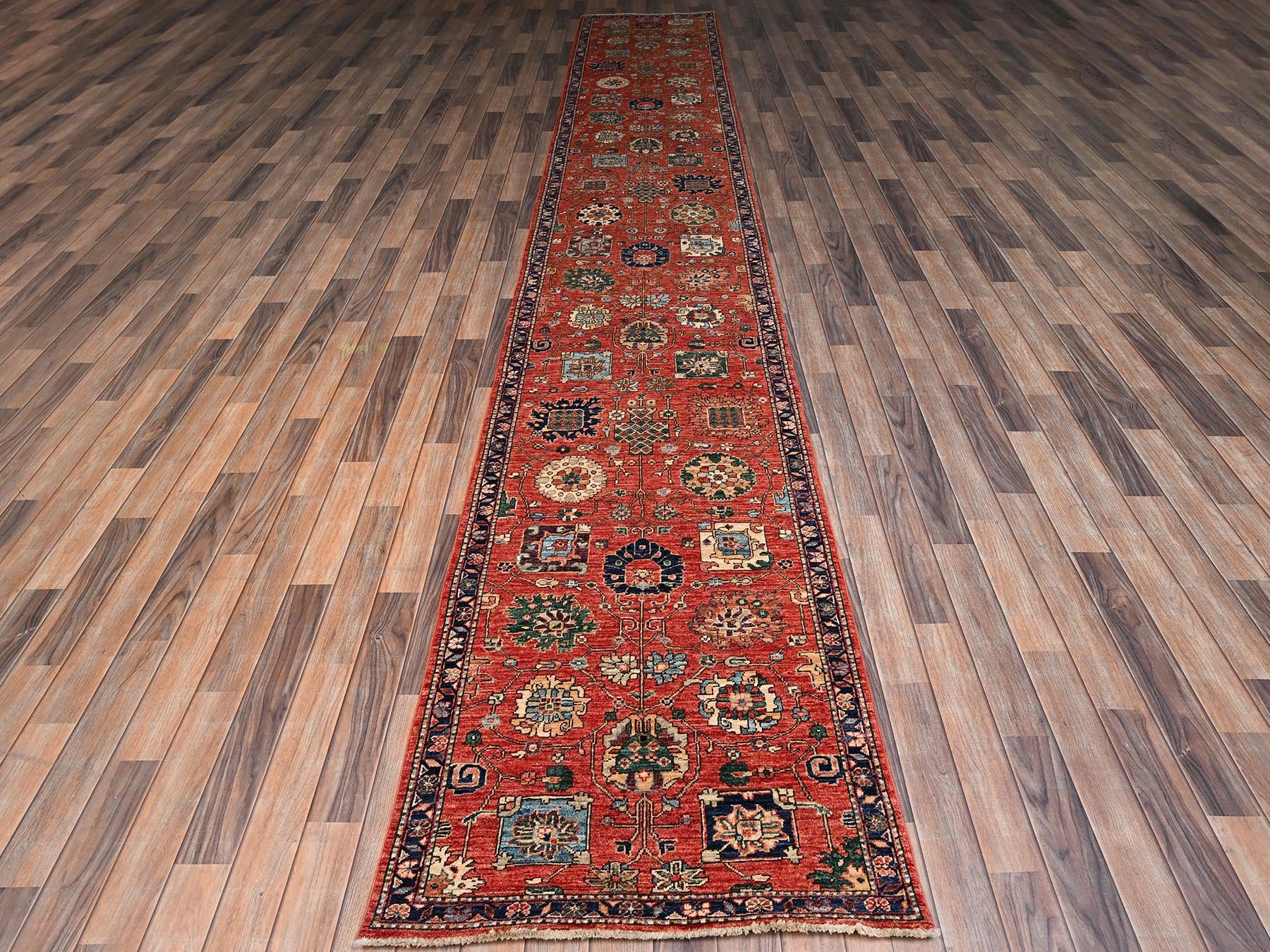 Tribal & Geometric hand-knotted wool runner in Red & Midnight Blue, 2'10" x 17'7" — SKU O02363 (view 2)