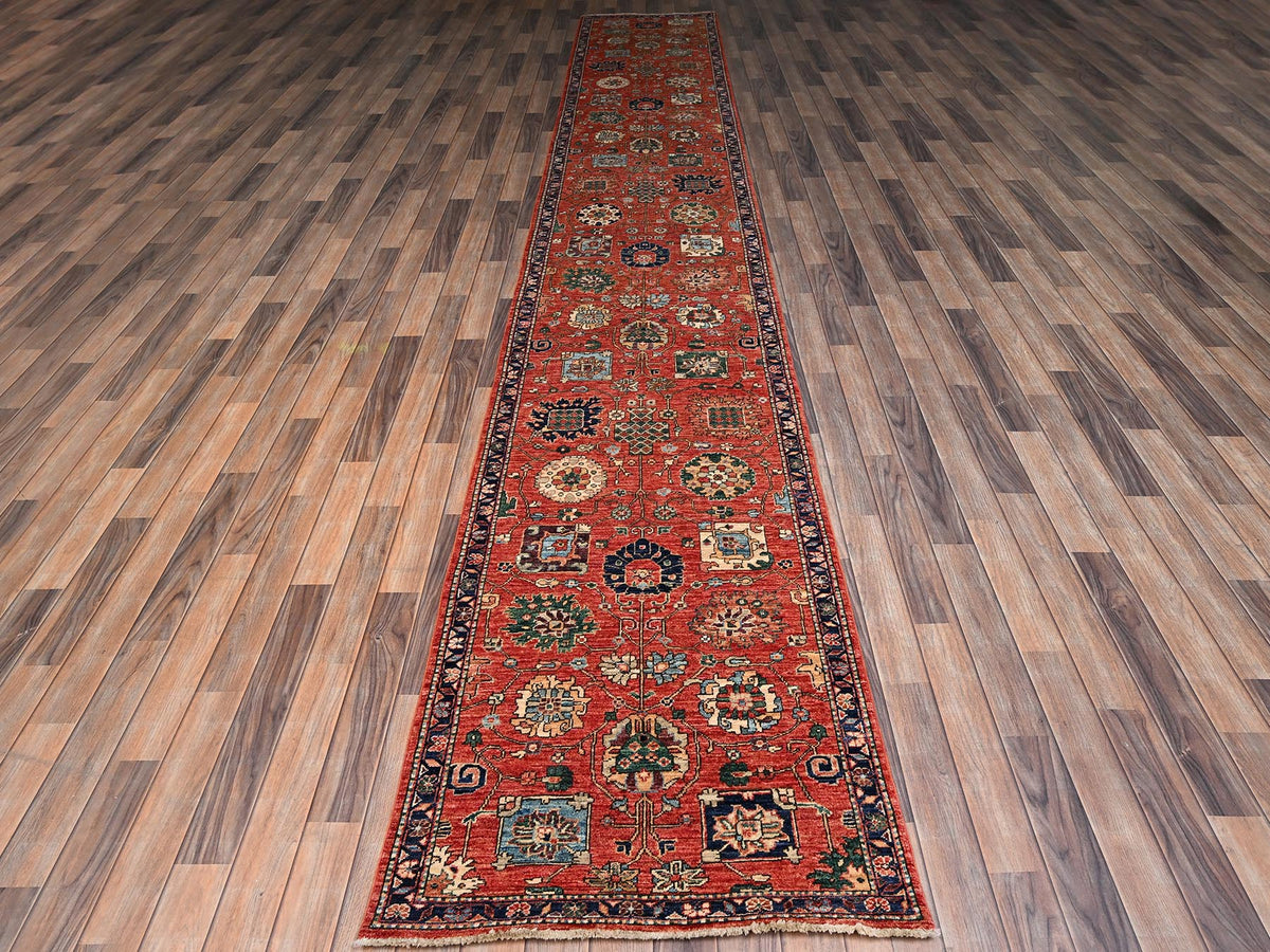 Tribal & Geometric hand-knotted wool runner in Red & Midnight Blue, 2'10" x 17'7" — SKU O02363 (view 2)