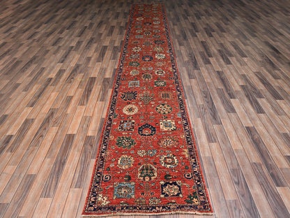 Tribal & Geometric hand-knotted wool runner in Red & Midnight Blue, 2'10" x 17'7" — SKU O02363 (view 2)