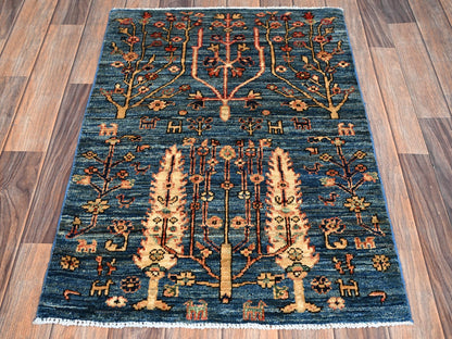 Blue 2'2" x 3'3" Tribal & Geometric Hand knotted Wool Rug - Sku: O02387