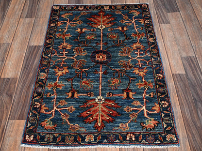 Blue 2'2" x 3'3" Tribal & Geometric Hand knotted Wool Rug - Sku: O02390