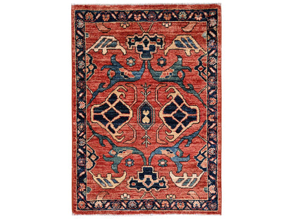 Red 2'2" x 2'11" Tribal & Geometric Hand knotted Wool Rug - Sku: O02395