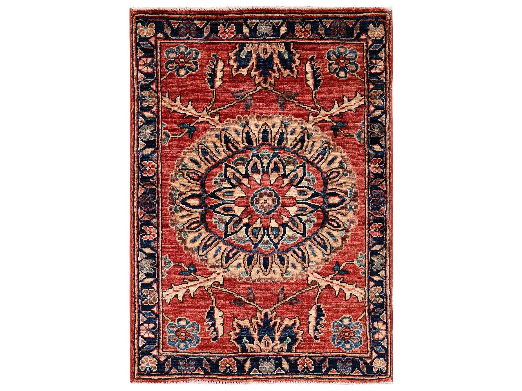 Tribal & Geometric hand-knotted wool rug in Red & Midnight Blue, 1'11" x 2'10" — SKU O02396