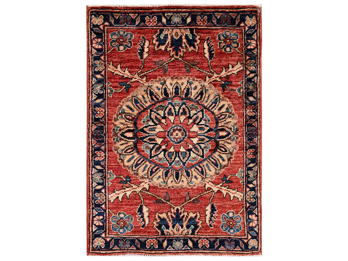 Tribal & Geometric hand-knotted wool rug in Red & Midnight Blue, 1'11" x 2'10" — SKU O02396