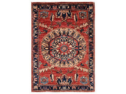 Tribal & Geometric hand-knotted wool rug in Red & Midnight Blue, 1'11" x 2'10" — SKU O02396